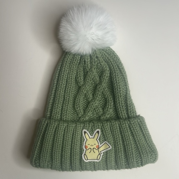 Youth Pokémon Pikachu Green and White Cable Knit Beanie with Pom Pom, Sz. OSFM - Picture 2 of 8